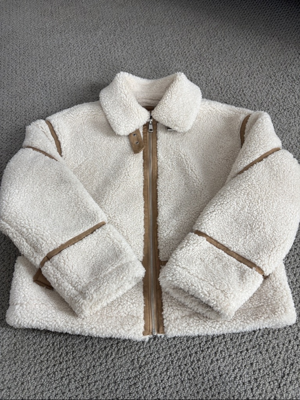 Zara Cream Sherpa Zip-Up Jacket with Tan Trim